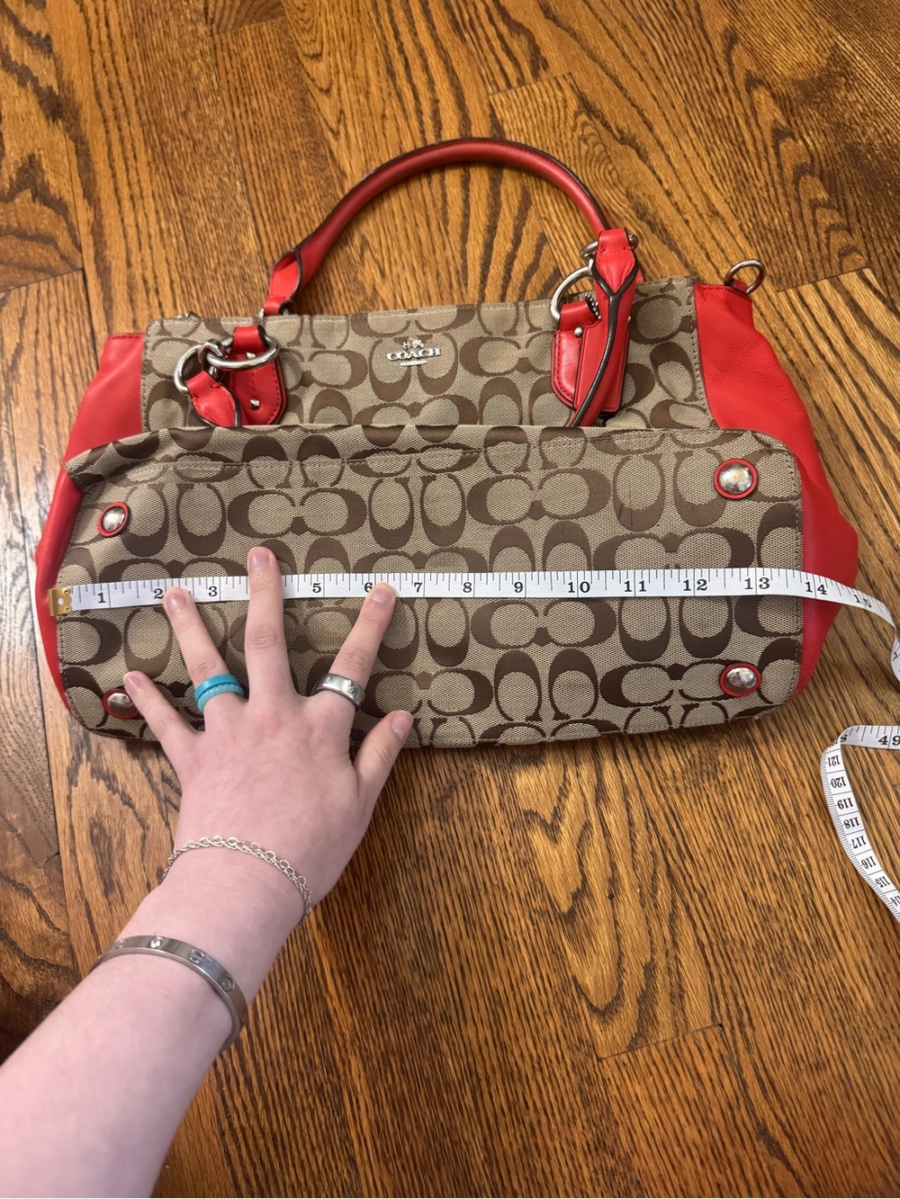 Coach Signature Canvas Coral Red Leather Satchel Crossbody Bag Purse EUC - Picture 6 of 16